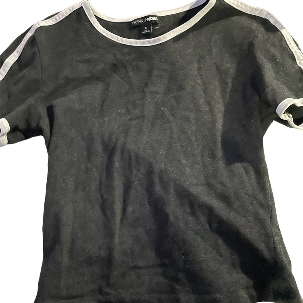 gray shirt with white stripes